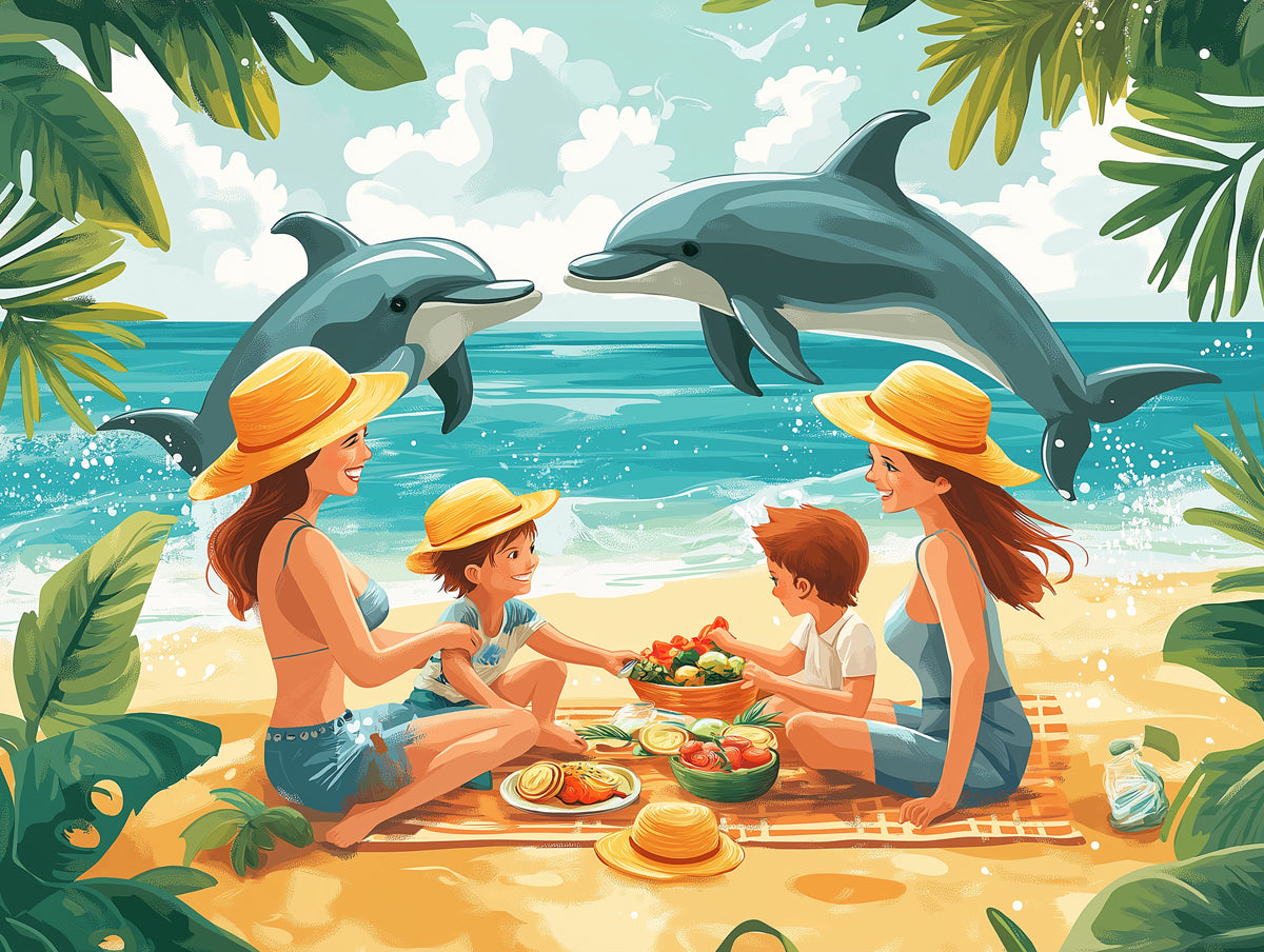 Dolphin and Family on Beach Mural Wallpaper in Nursery | Various Colors (Blue, Yellow, etc.) Dolphin and Family