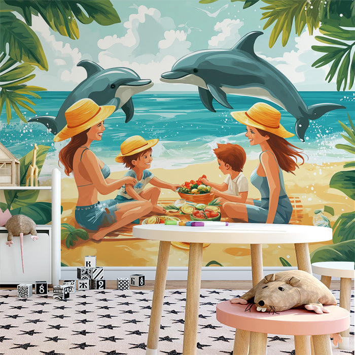 Dolphin and Family on Beach Mural Wallpaper in Nursery | Various Colors (Blue, Yellow, etc.) Dolphin and Family