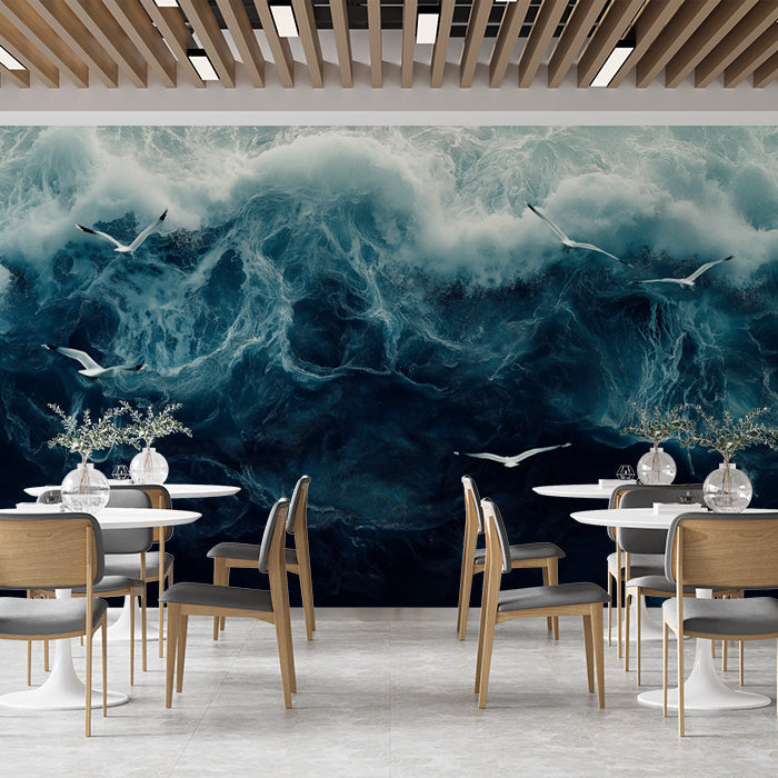 Turbulent Sea with Seagulls Mural Wallpaper in Cafe | Various Colors (Blue, White, etc.) of Turbulent Sea