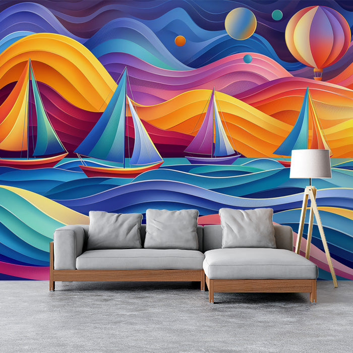Colorful Sailboats and Waves| Various Colors (Orange, Blue, Purple, etc.) of Sailboats
