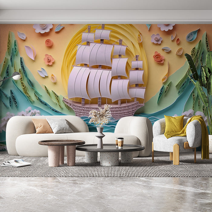Paper Art Sailboat Mural Wallpaper | Various Colors (Pink, Green, etc.) of Paper Art Sailboat