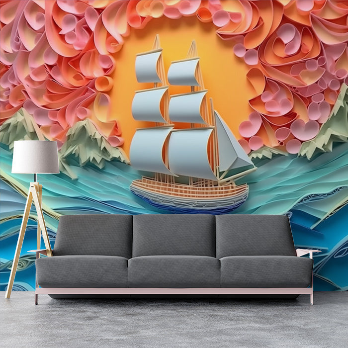 Paper Art Sailboat Mural Wallpaper | Various Colors (Pink, Green, etc.) of Paper Art Sailboat