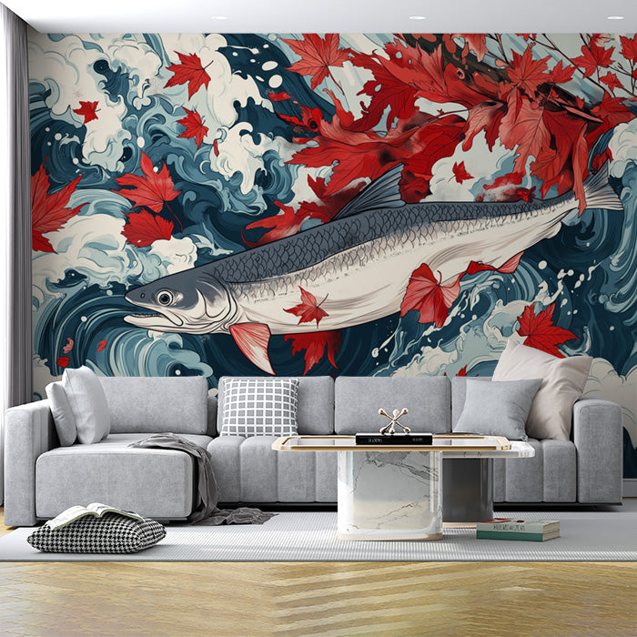 Salmon and Maple Leaves| Various Colors (Red, Blue, etc.) of Salmon and Maple Leaves
