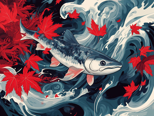 Salmon and Maple Leaves| Various Colors (Red, Blue, etc.) of Salmon and Maple Leaves