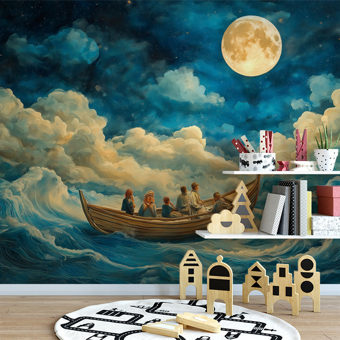 Moonlit Boat Ride Mural Wallpaper in Nursery | Various Colors (Blue, Yellow, etc.) of Moonlit Boat