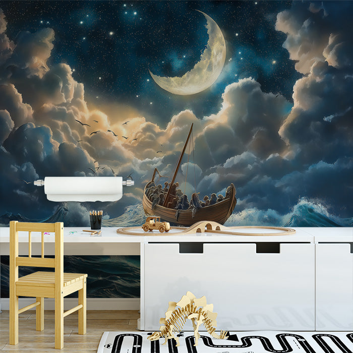 Moonlit Boat Ride Mural Wallpaper in Nursery | Various Colors (Blue, Yellow, etc.) of Moonlit Boat