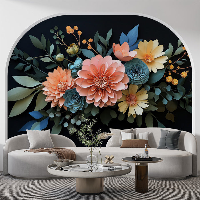 Dark Floral Wallpaper in Living Room | Various Colors (Orange, Blue, etc.) of Flowers