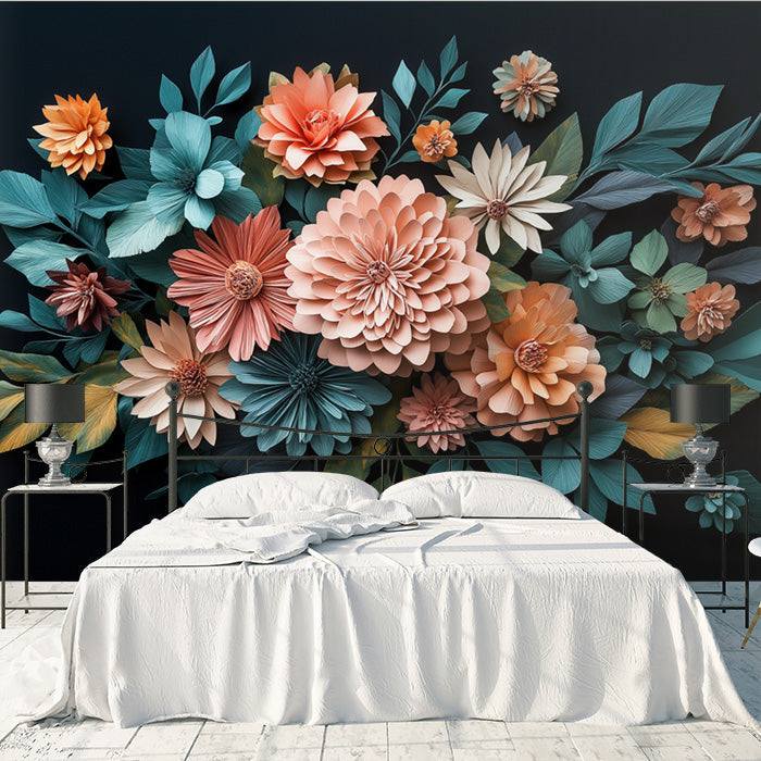 Dark Floral Wallpaper in Living Room | Various Colors (Orange, Blue, etc.) of Flowers