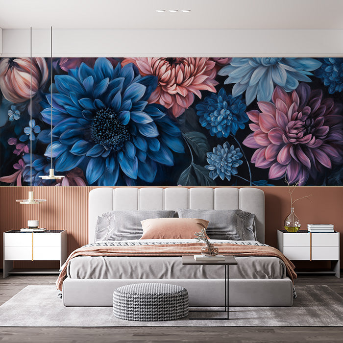 Blue and Pink Floral Mural Wallpaper | Various Colors (Blue, Pink, etc.) of Romantic Flowers