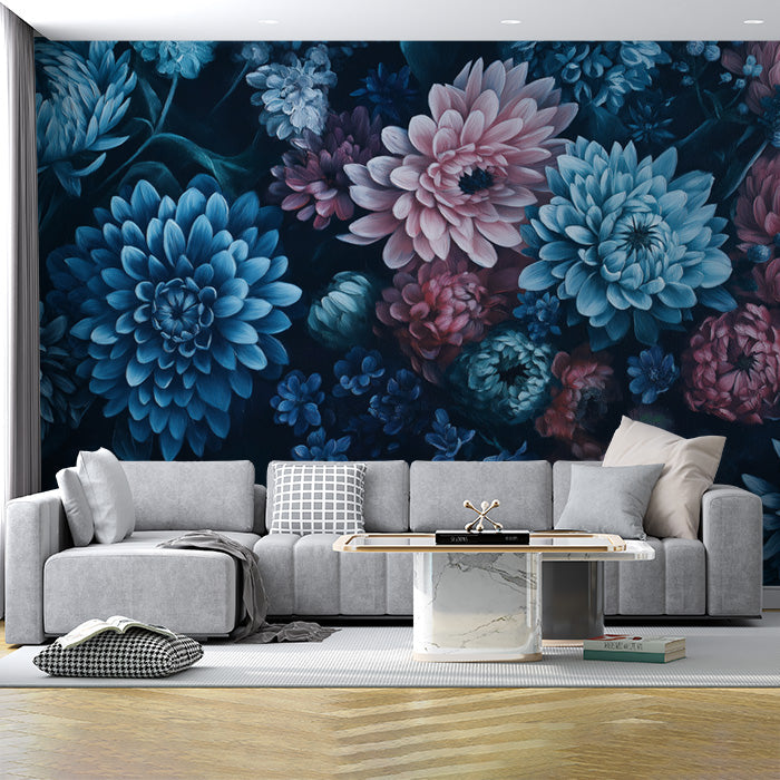 Blue and Pink Floral Mural Wallpaper | Various Colors (Blue, Pink, etc.) of Romantic Flowers