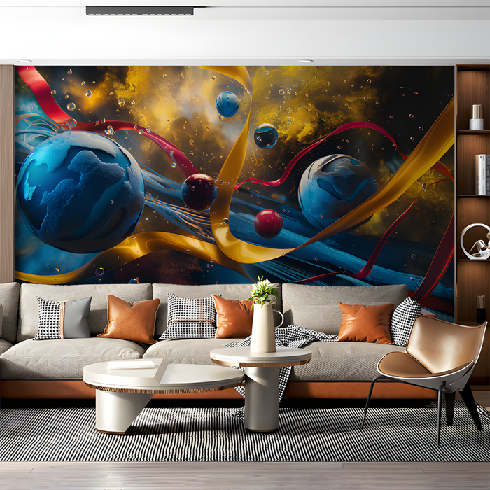 Space and Planets Mural Wallpaper in Living Room | Various Colors (Blue, Yellow, etc.) of Space and Planets