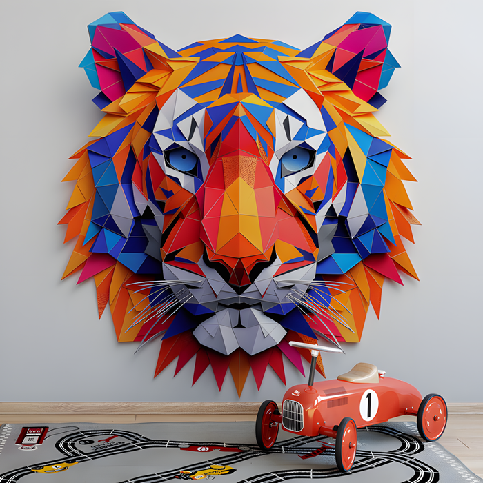 Geometric Tiger Mural Wallpaper in Room | Various Colors (Orange, Blue, etc.) of Tiger