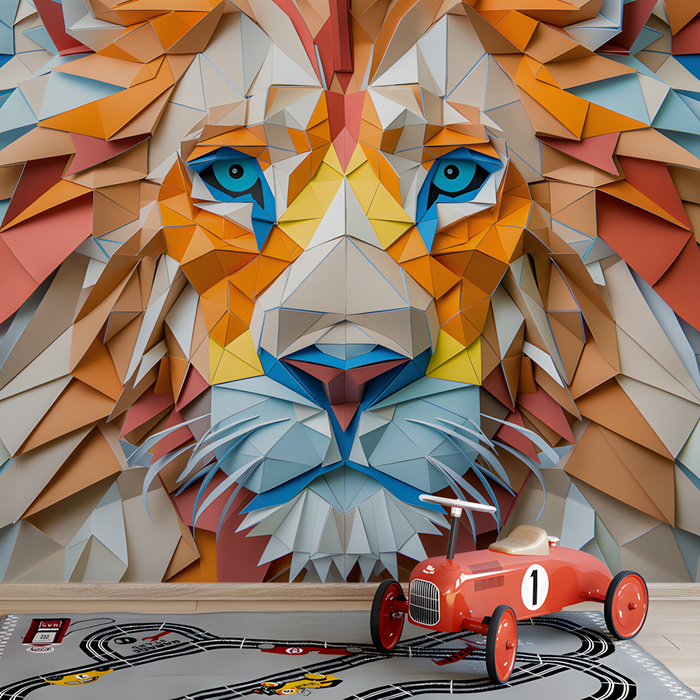 Geometric Lion Mural Wallpaper in Room | Various Colors (Orange, Blue, etc.) of Lion