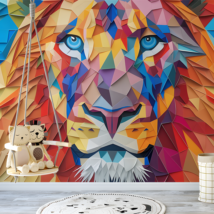 Geometric Lion Mural Wallpaper in Room | Various Colors (Orange, Blue, etc.) of Lion