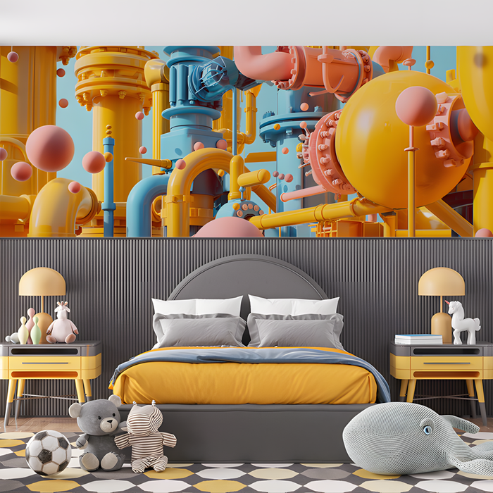 Industrial Pipes Mural Wallpaper in Bedroom | Various Colors (Yellow, Blue, etc.) of Industrial Pipes