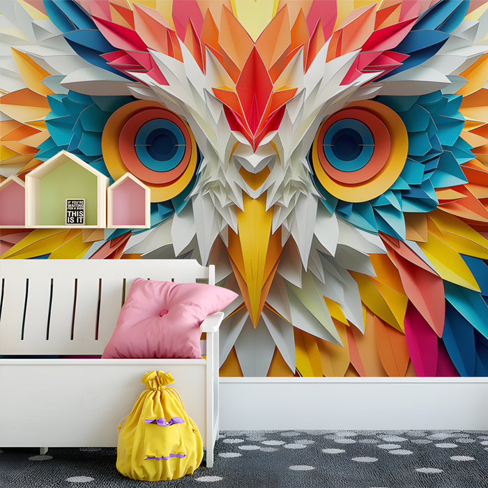 Geometric Owl Mural Wallpaper in Room | Various Colors (Orange, Blue, etc.)