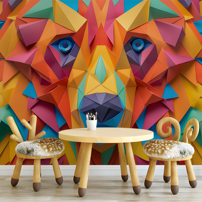 Geometric Bear Mural Wallpaper in Room | Various Colors (Orange, Blue, etc.)
