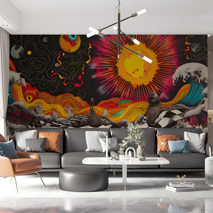 Abstract Sun and Waves Mural Wallpaper in Office | Various Colors (Black, Red, etc.) Sun and Eyes