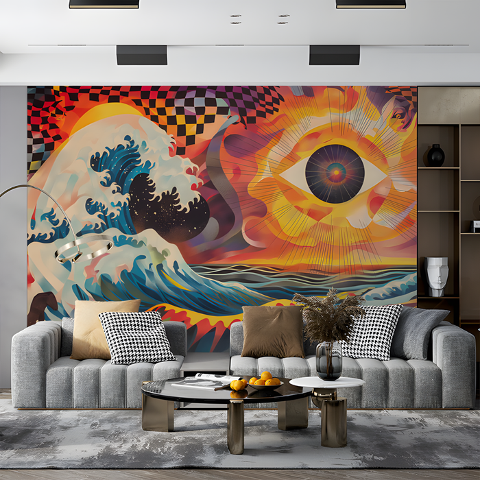 Abstract Sun and Waves Mural Wallpaper in Office | Various Colors (Black, Red, etc.) Sun and Eyes