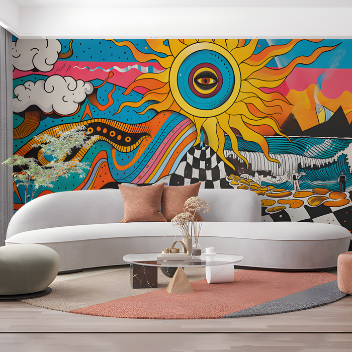 Abstract Sun and Waves Mural Wallpaper in Office | Various Colors (Black, Red, etc.) Sun and Eyes
