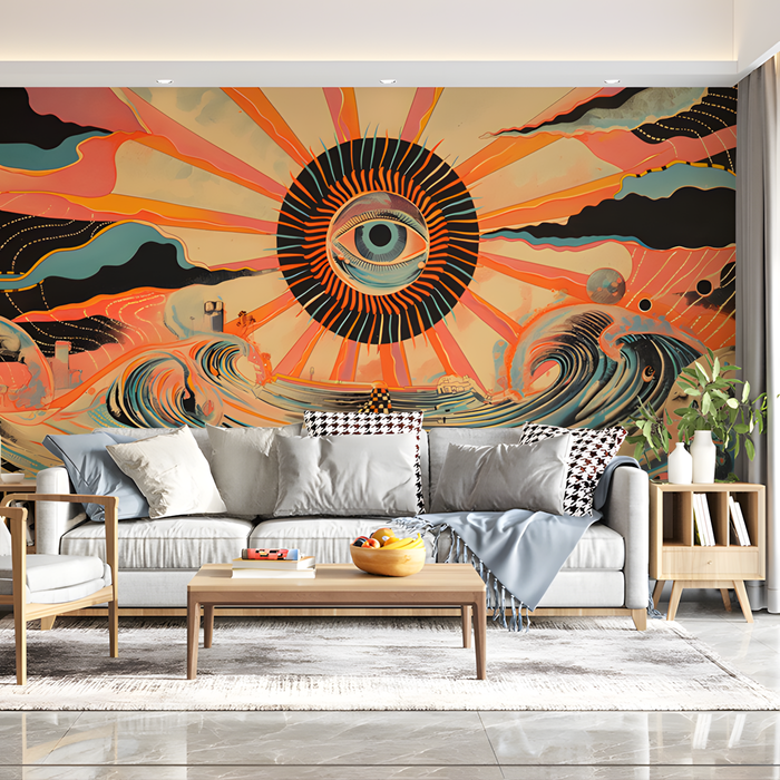 Abstract Sun and Waves Mural Wallpaper in Office | Various Colors (Black, Red, etc.) Sun and Eyes
