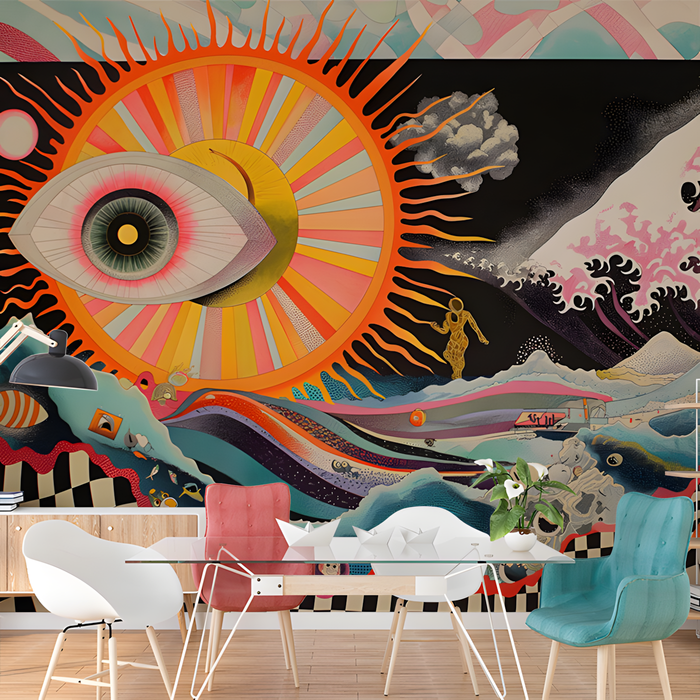 Abstract Sun and Waves Mural Wallpaper in Office | Various Colors (Black, Red, etc.) Sun and Eyes