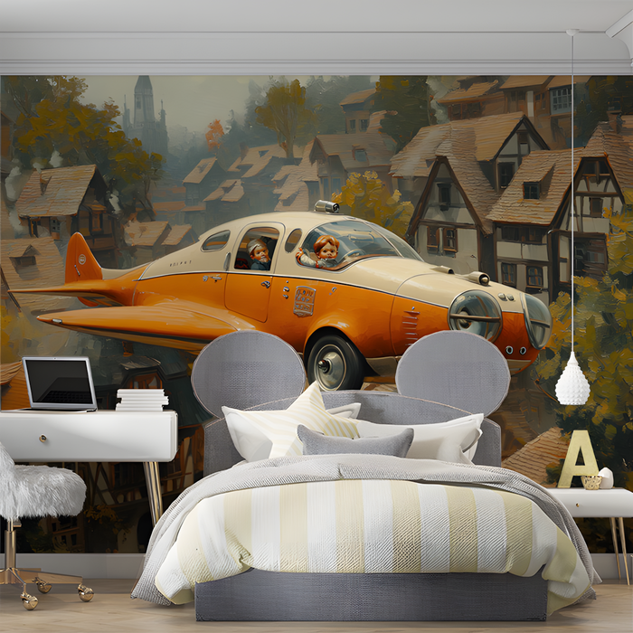 Vintage Airplane and Village Mural Wallpaper in Bedroom | Various Colors (Orange, Brown, etc.) of Airplane