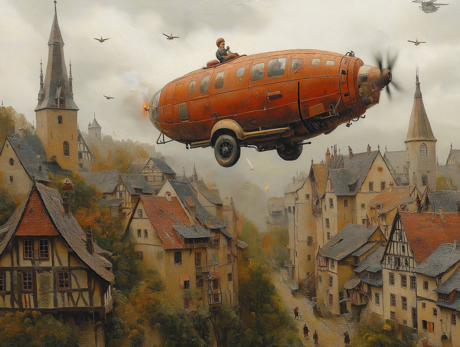 Steampunk Airship and Village Mural Wallpaper in Bedroom | Various Colors (Orange, Brown, etc.) of Steampunk Airship