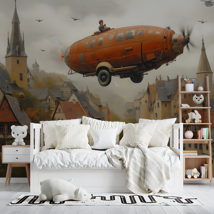 Steampunk Airship and Village Mural Wallpaper in Bedroom | Various Colors (Orange, Brown, etc.) of Steampunk Airship
