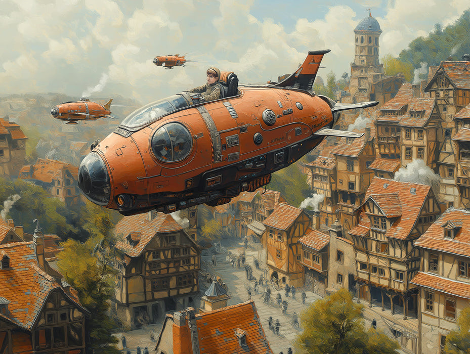 Steampunk Airship and Village Mural Wallpaper in Bedroom | Various Colors (Orange, Brown, etc.) of Steampunk Airship