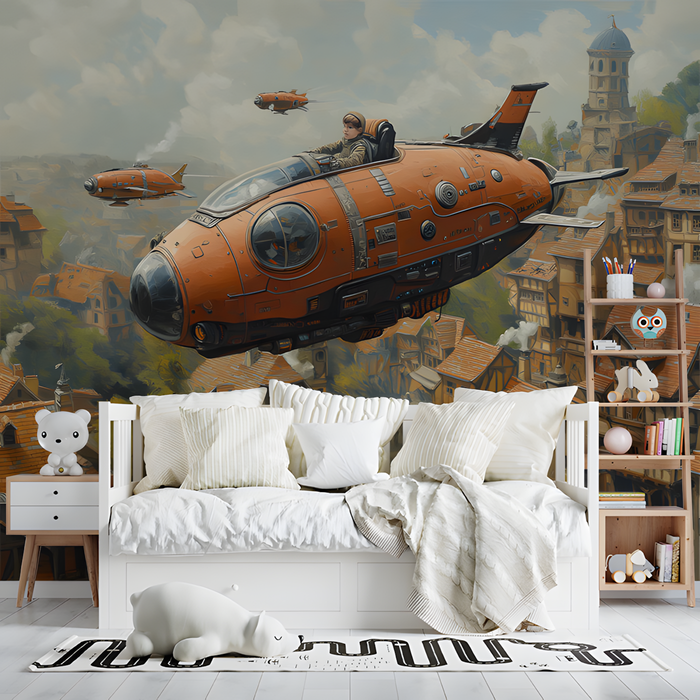 Steampunk Airship and Village Mural Wallpaper in Bedroom | Various Colors (Orange, Brown, etc.) of Steampunk Airship