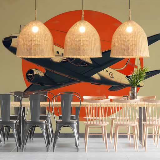 Vintage Plane Mural Wallpaper in Dining Room | Various Colors (Orange, Black, etc.) of Plane