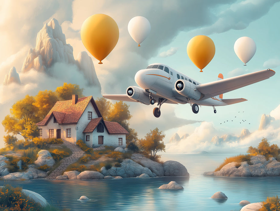 Airplane and Hot Air Balloons Mural Wallpaper in Dining Room | Various Colors (Gray, Yellow, etc.) of Airplane and Hot Air Balloons