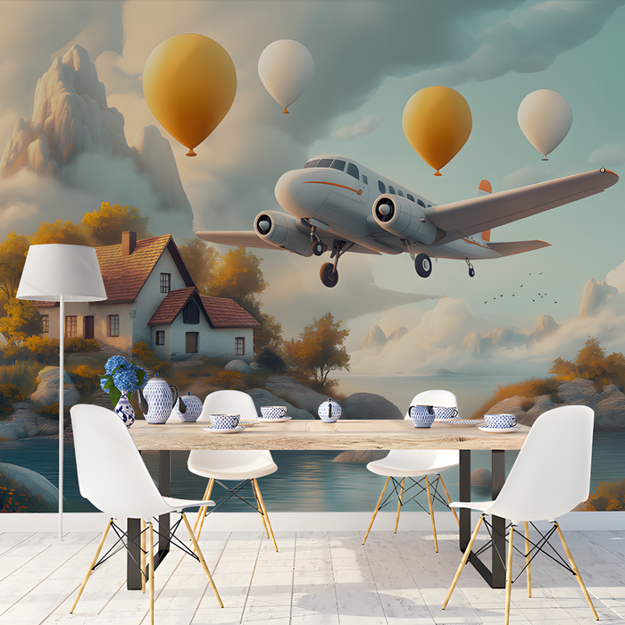 Airplane and Hot Air Balloons Mural Wallpaper in Dining Room | Various Colors (Gray, Yellow, etc.) of Airplane and Hot Air Balloons