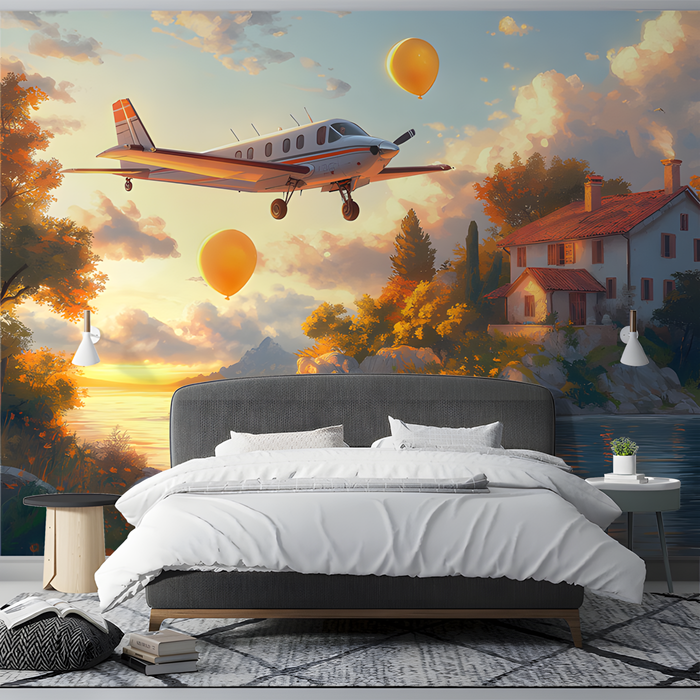 Airplane and Hot Air Balloons Mural Wallpaper in Dining Room | Various Colors (Gray, Yellow, etc.) of Airplane and Hot Air Balloons