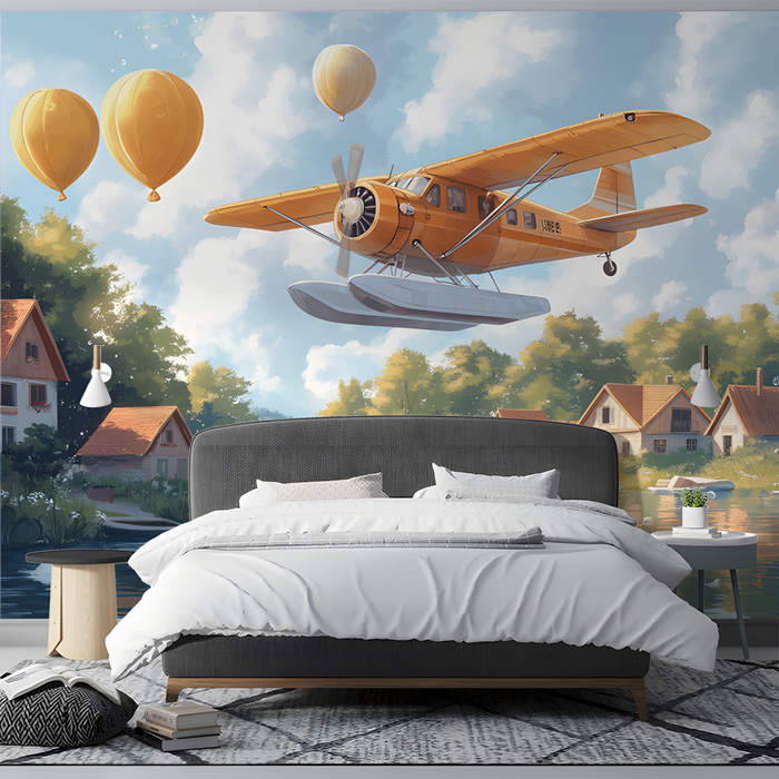 Seaplane and Village Mural Wallpaper in Bedroom | Various Colors (Orange, Blue, etc.) of Seaplane and Village