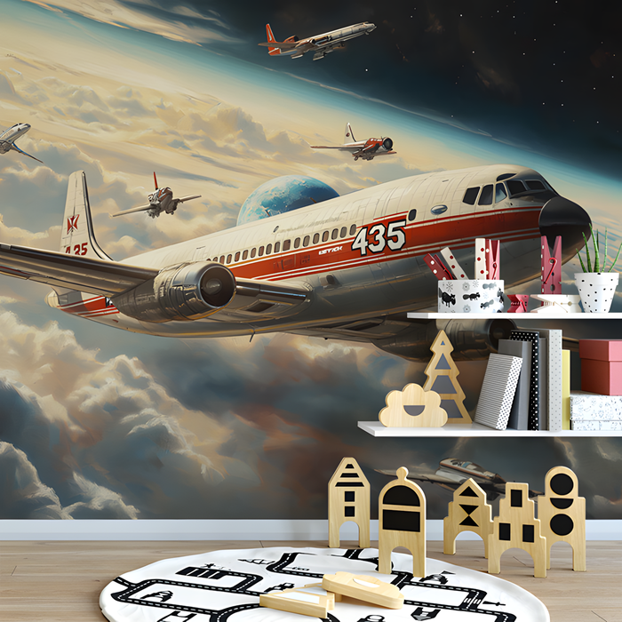 Vintage Airplanes in Space Mural Wallpaper in Room | Various Colors (Brown, Red, etc.) of Vintage Airplanes