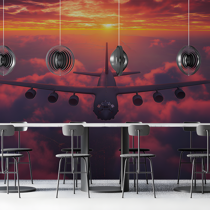 Airplane at Sunset Mural Wallpaper in Dining Room | Various Colors (Red, Orange, etc.) of Airplane at Sunset