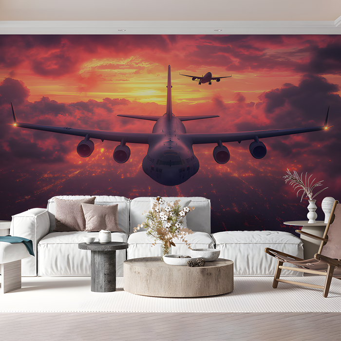 Airplane at Sunset Mural Wallpaper in Dining Room | Various Colors (Red, Orange, etc.) of Airplane at Sunset