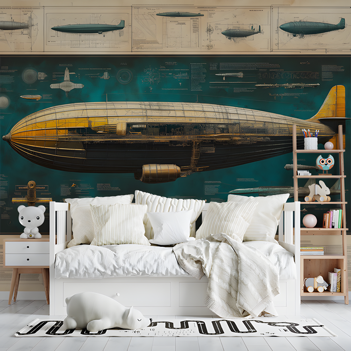 Airship Blueprint Mural Wallpaper | Various Colors (Green, Yellow, etc.) of Airship