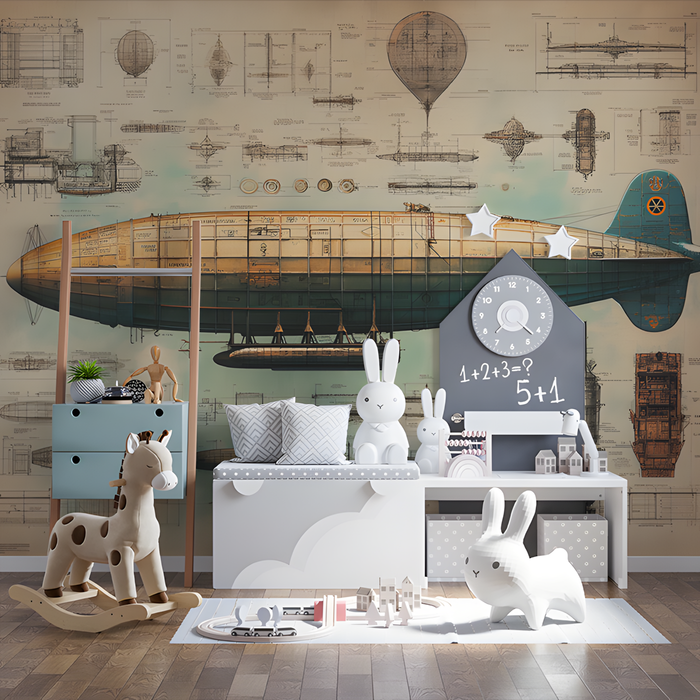 Airship Blueprint Mural Wallpaper | Various Colors (Green, Yellow, etc.) of Airship