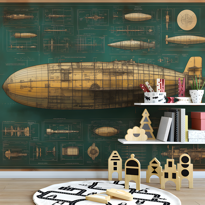 Airship Blueprint Mural Wallpaper | Various Colors (Green, Yellow, etc.) of Airship