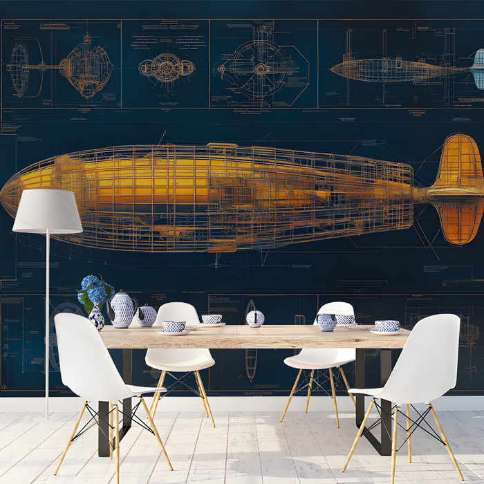 Airship Blueprint Mural Wallpaper | Various Colors (Green, Yellow, etc.) of Airship