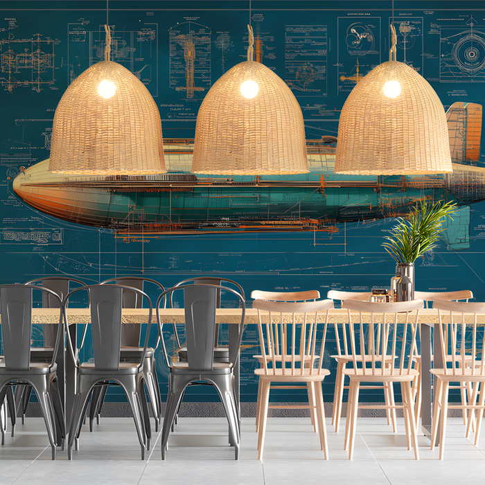 Airship Blueprint Mural Wallpaper | Various Colors (Green, Yellow, etc.) of Airship