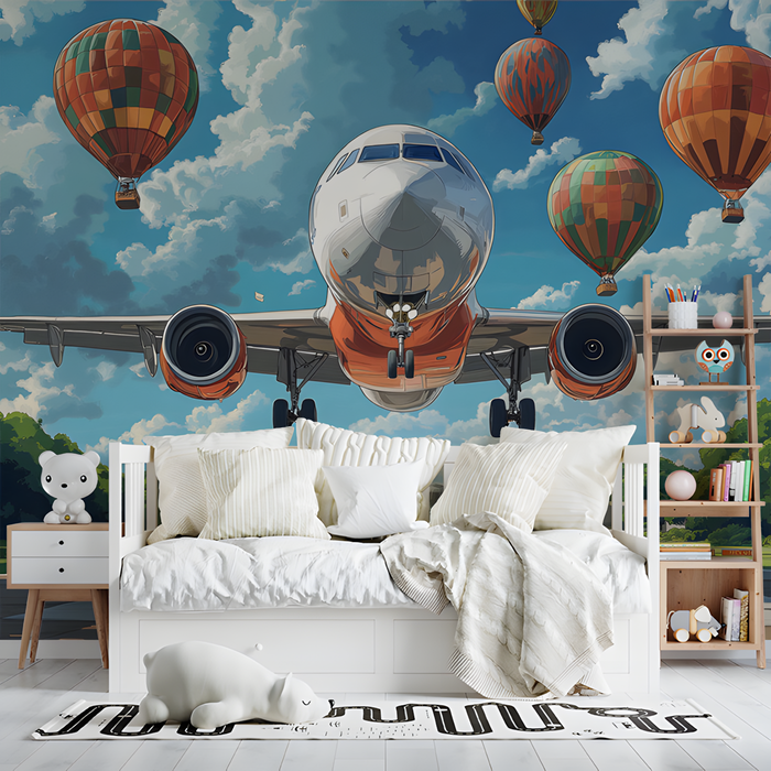 Airplane and Hot Air Balloons Mural Wallpaper in Bedroom | Various Colors (Blue, Orange, etc.) of Airplane and Hot Air Balloons