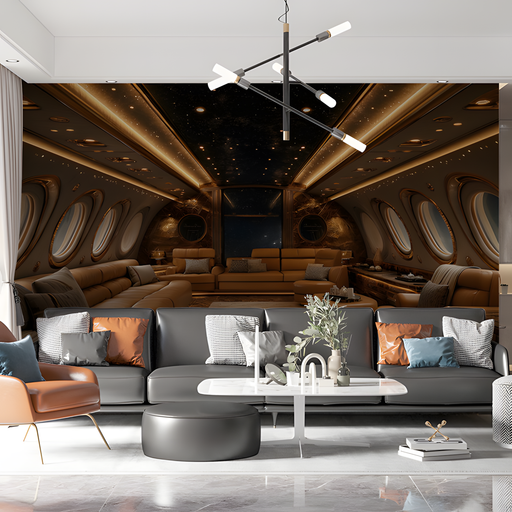 Luxury Airplane Interior Mural Wallpaper in Living Room | Various Colors (Gold, White, etc.) of Airplane Interior