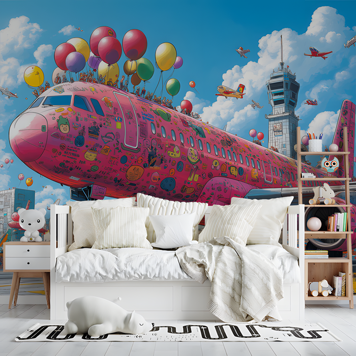 Decorated Airplane Mural Wallpaper in Bedroom | Various Colors (Pink, Blue, etc.) of Airplane