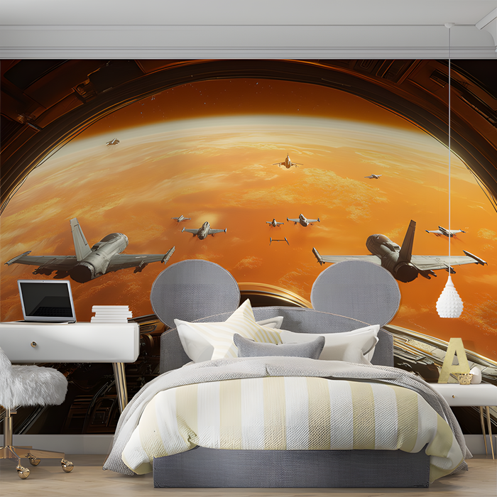 Space Fighter Jets Mural Wallpaper in Bedroom | Various Colors (Orange, Gray, etc.) of sci-fi Space