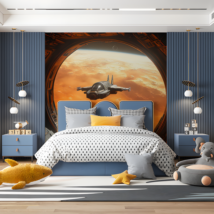 Space Fighter Jets Mural Wallpaper in Bedroom | Various Colors (Orange, Gray, etc.) of sci-fi Space