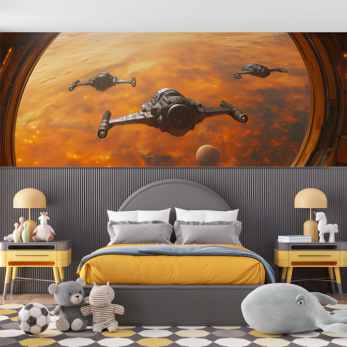 Space Fighter Jets Mural Wallpaper in Bedroom | Various Colors (Orange, Gray, etc.) of sci-fi Space